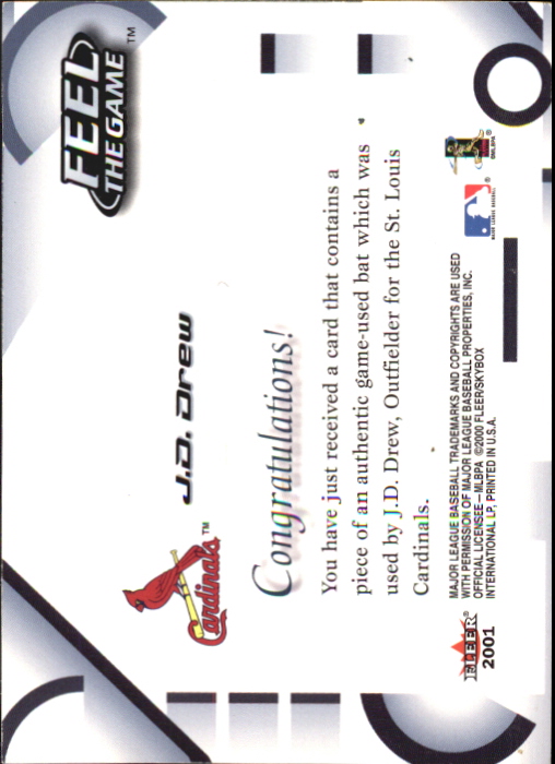 2001 Fleer Feel the Game #8 J.D. Drew back image