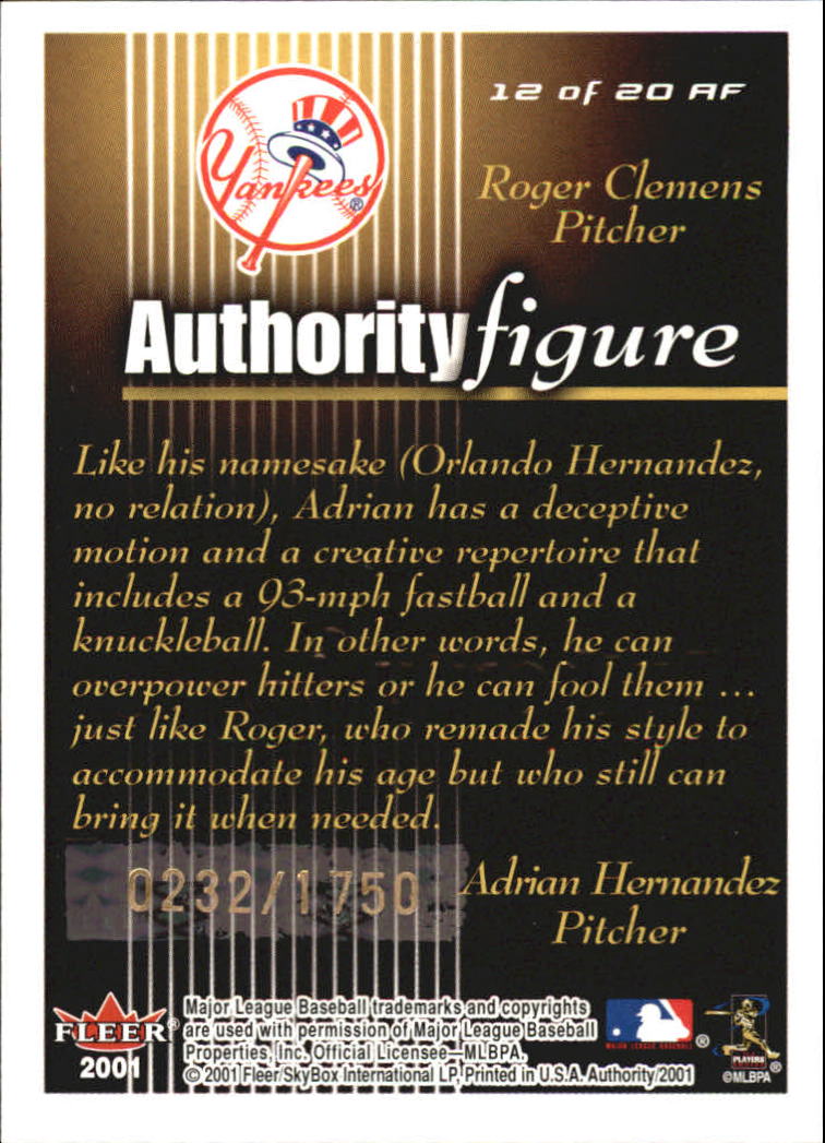 2001 Fleer Authority Figures #12 R.Clemens/A.Hernandez back image