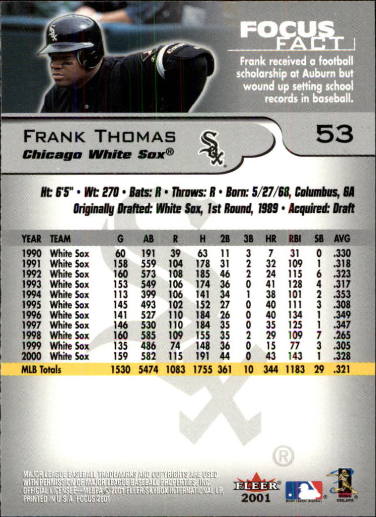 2001 Fleer Focus #53 Frank Thomas back image
