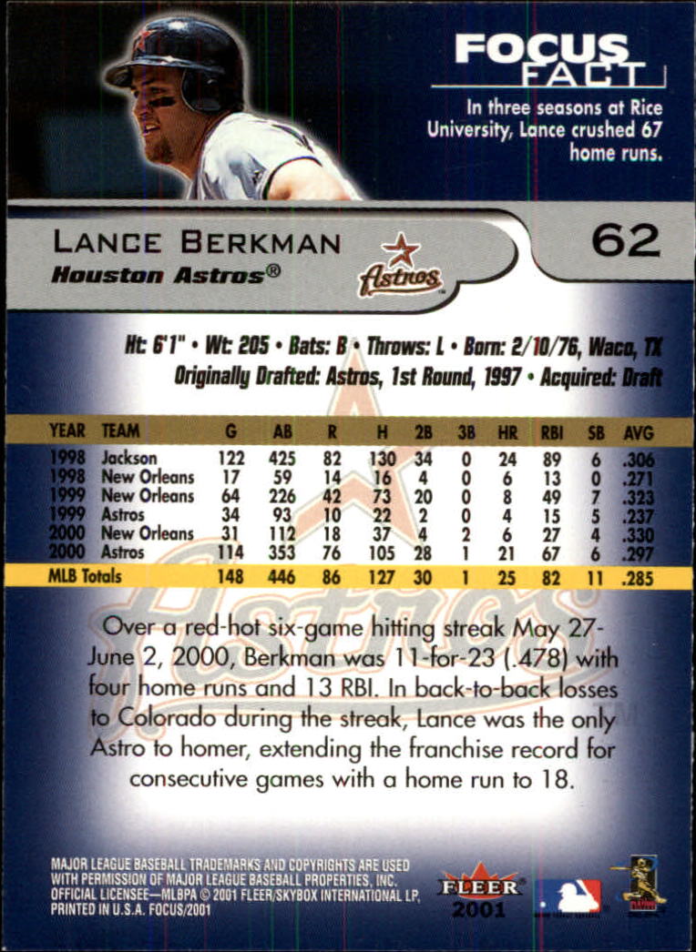 2001 Fleer Focus #62 Lance Berkman back image