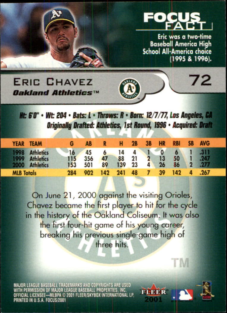 2001 Fleer Focus #72 Eric Chavez back image
