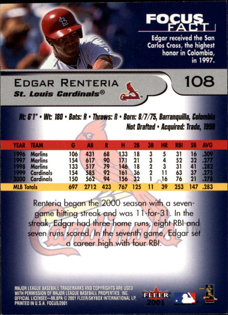 2001 Fleer Focus #108 Edgar Renteria back image
