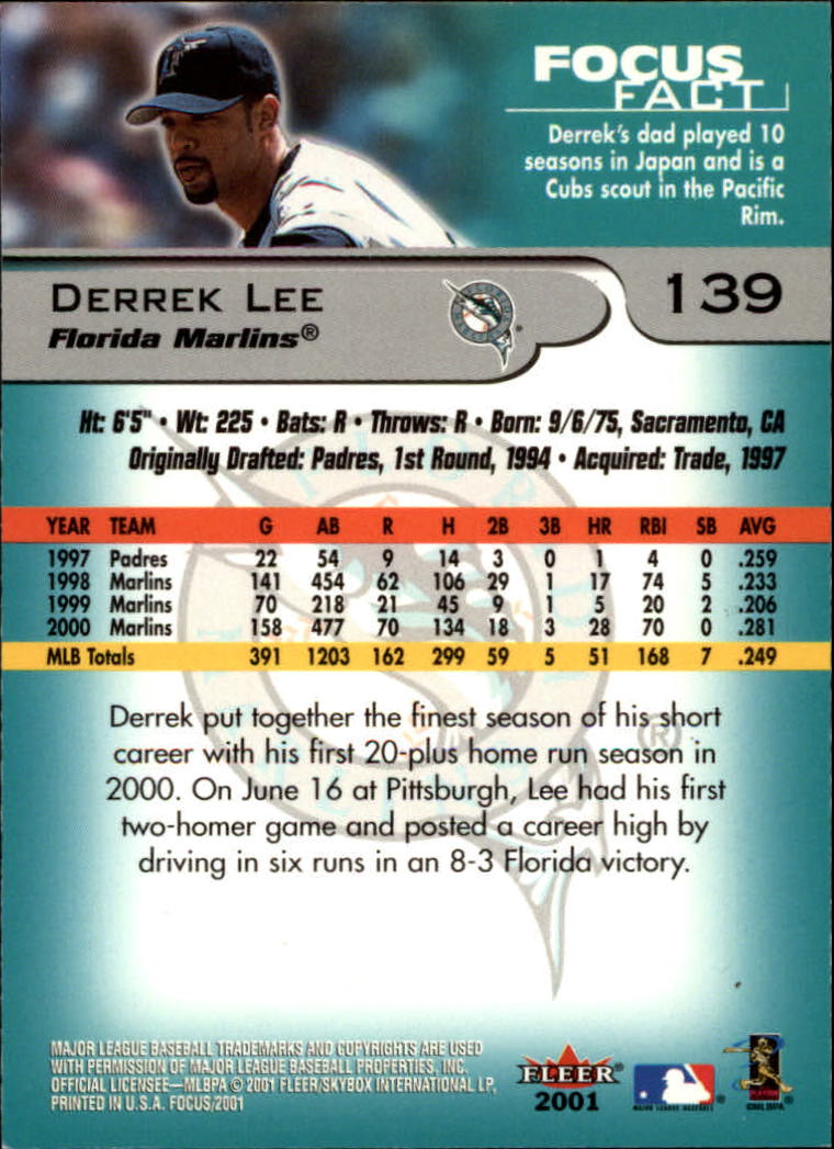 2001 Fleer Focus #139 Derrek Lee back image