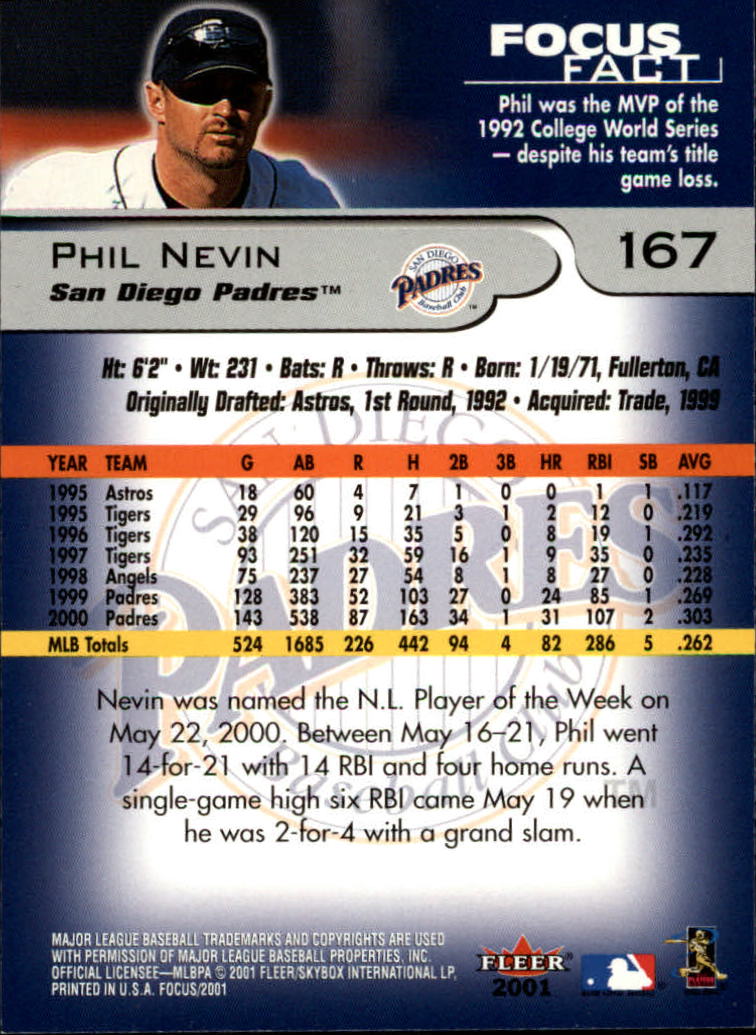2001 Fleer Focus #167 Phil Nevin back image
