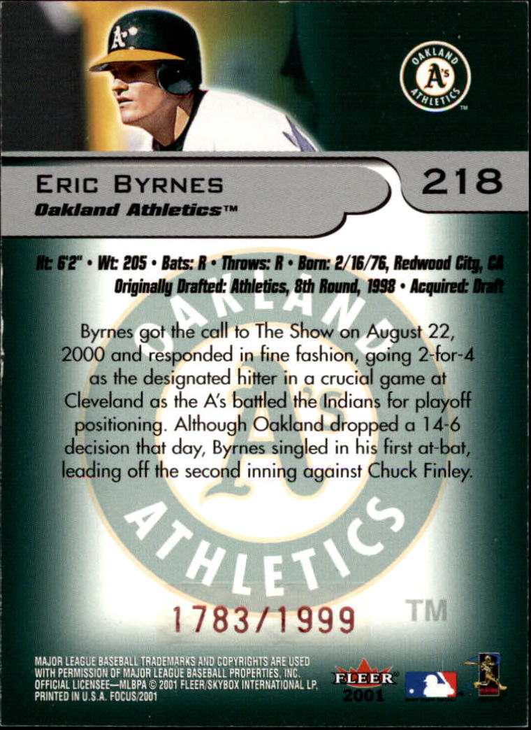 2001 Fleer Focus #218 Eric Byrnes/1999 back image