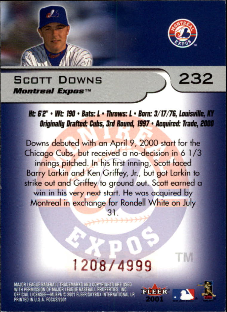 2001 Fleer Focus #232 Scott Downs/4999 back image