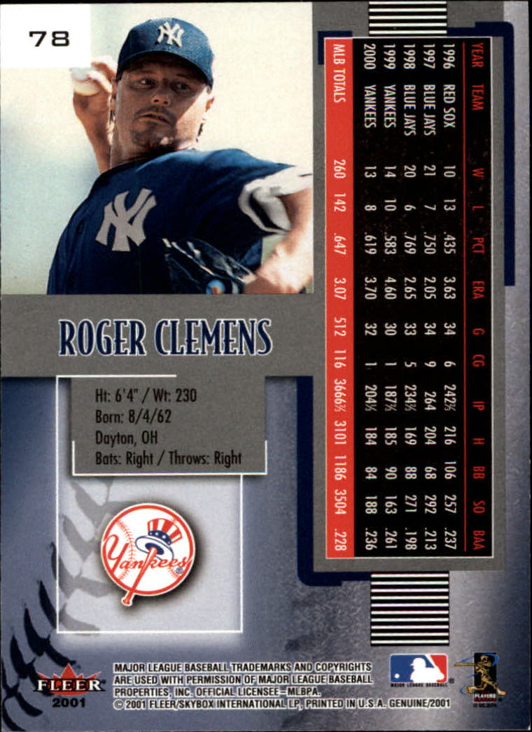 2001 Fleer Genuine #78 Roger Clemens back image