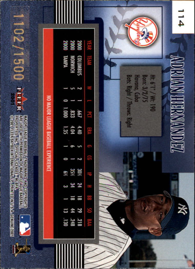 2001 Fleer Genuine Baseball "Main Set" Cards #1 to #128 Rookies and Veterans - Picture 197 of 205