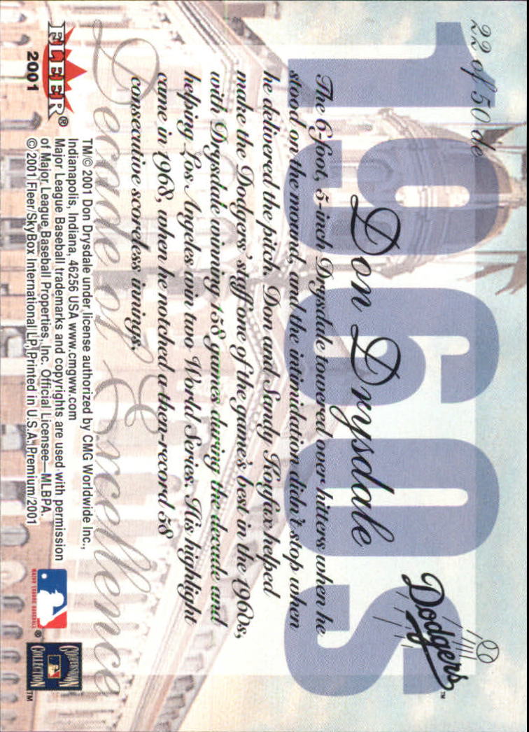 2001 Fleer Premium Decades of Excellence #22 Don Drysdale back image