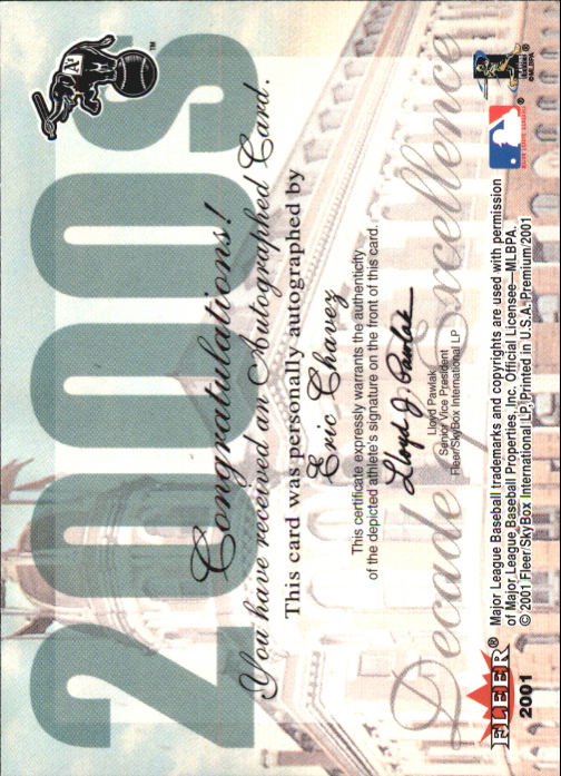 2001 Fleer Premium Decades of Excellence Autograph #7 Eric Chavez/98 back image