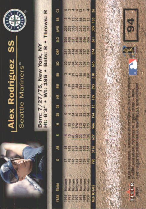 2001 Fleer Triple Crown #94 Alex Rodriguez back image