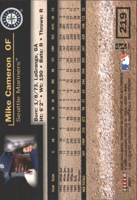 2001 Fleer Triple Crown #219 Mike Cameron back image