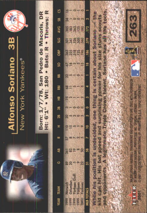 2001 Fleer Triple Crown #263 Alfonso Soriano back image