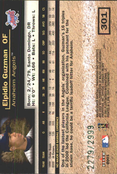 2001 Fleer Triple Crown #301 Elpidio Guzman/2999 RC back image