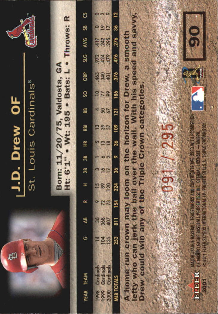 2001 Fleer Triple Crown Red #90 J.D. Drew/295 back image