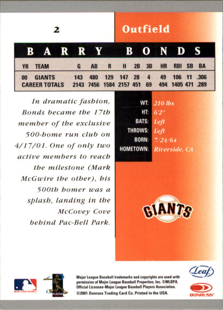 2001 Leaf Certified Materials #2 Barry Bonds back image
