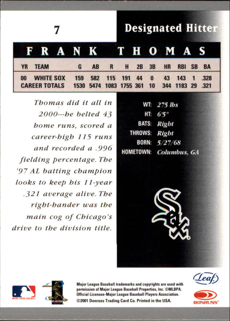 2001 Leaf Certified Materials #7 Frank Thomas back image
