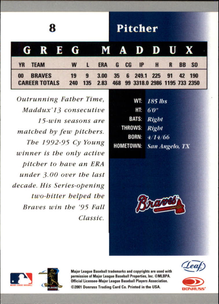 2001 Leaf Certified Materials #8 Greg Maddux back image