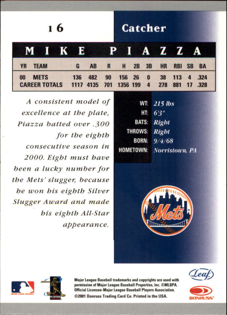 2001 Leaf Certified Materials #16 Mike Piazza back image