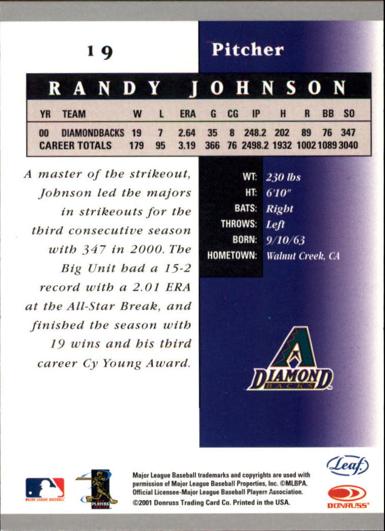 2001 Leaf Certified Materials #19 Randy Johnson back image