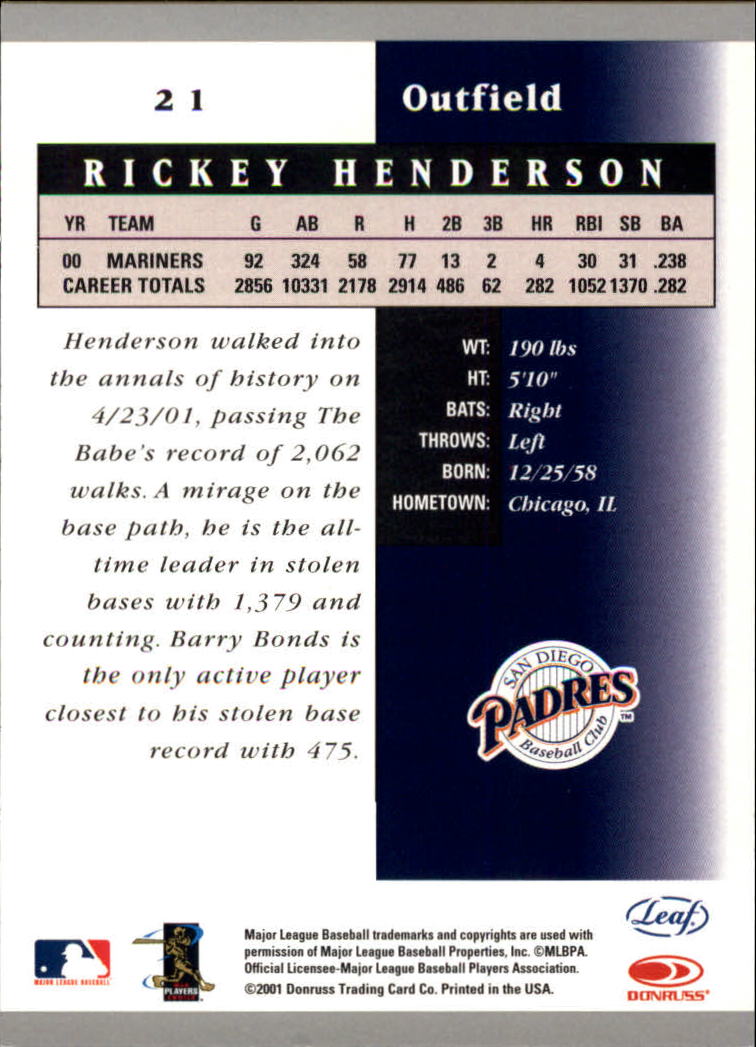 2001 Leaf Certified Materials #21 Rickey Henderson back image