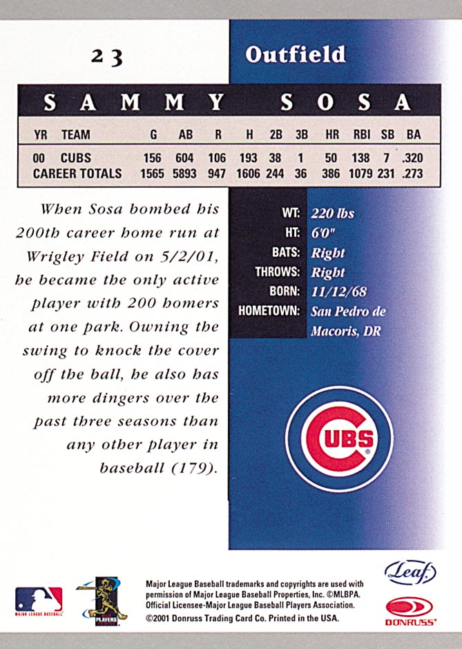 2001 Leaf Certified Materials #23 Sammy Sosa back image