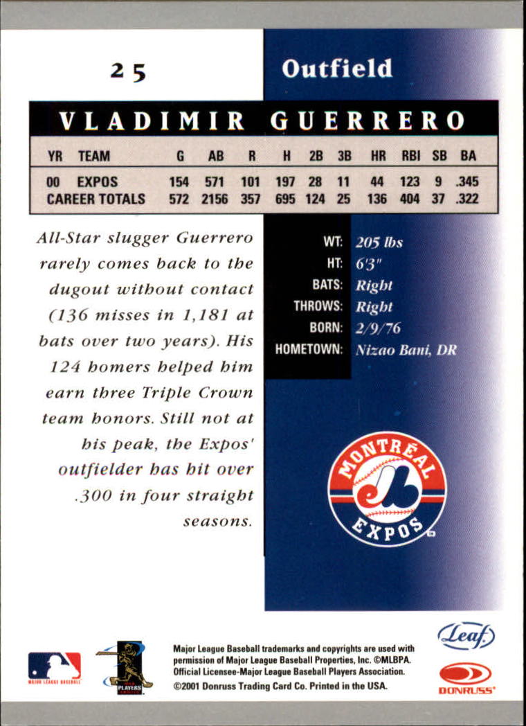 2001 Leaf Certified Materials #25 Vladimir Guerrero back image