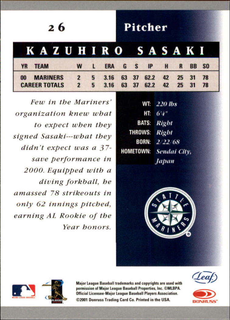 2001 Leaf Certified Materials #26 Kazuhiro Sasaki back image
