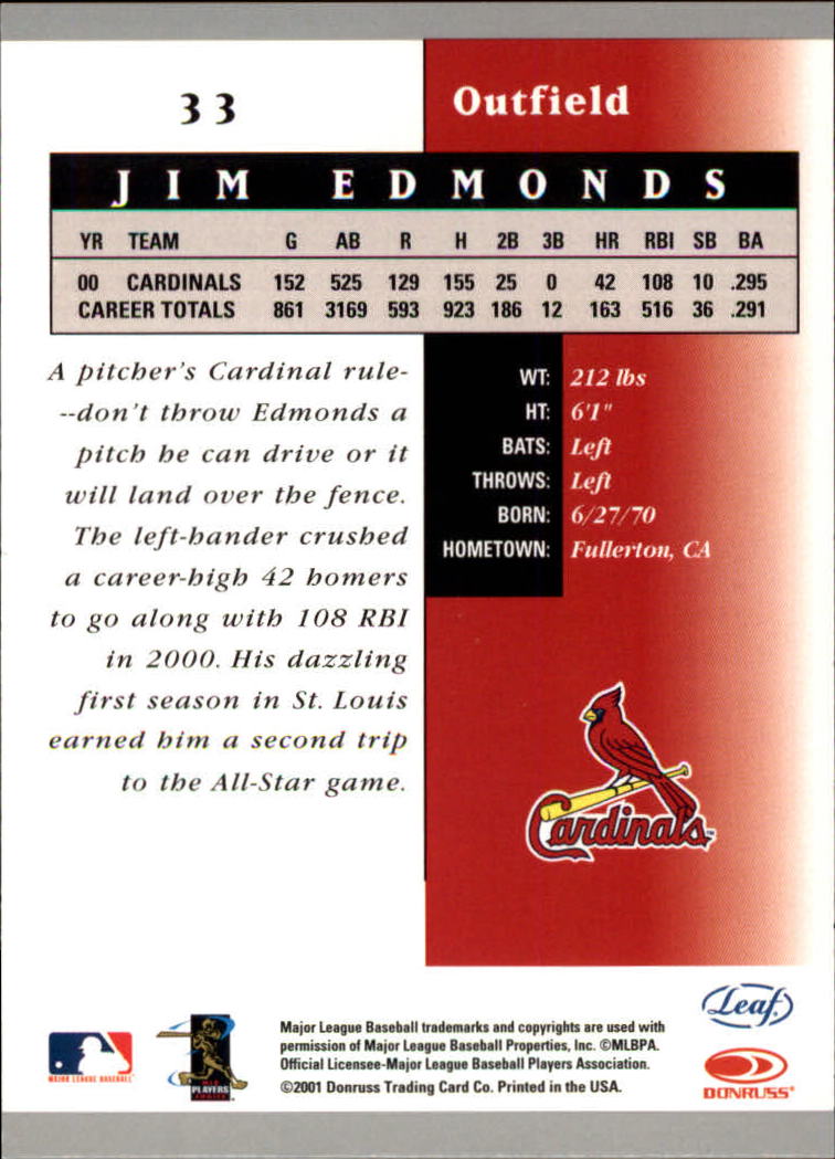 2001 Leaf Certified Materials #33 Jim Edmonds back image