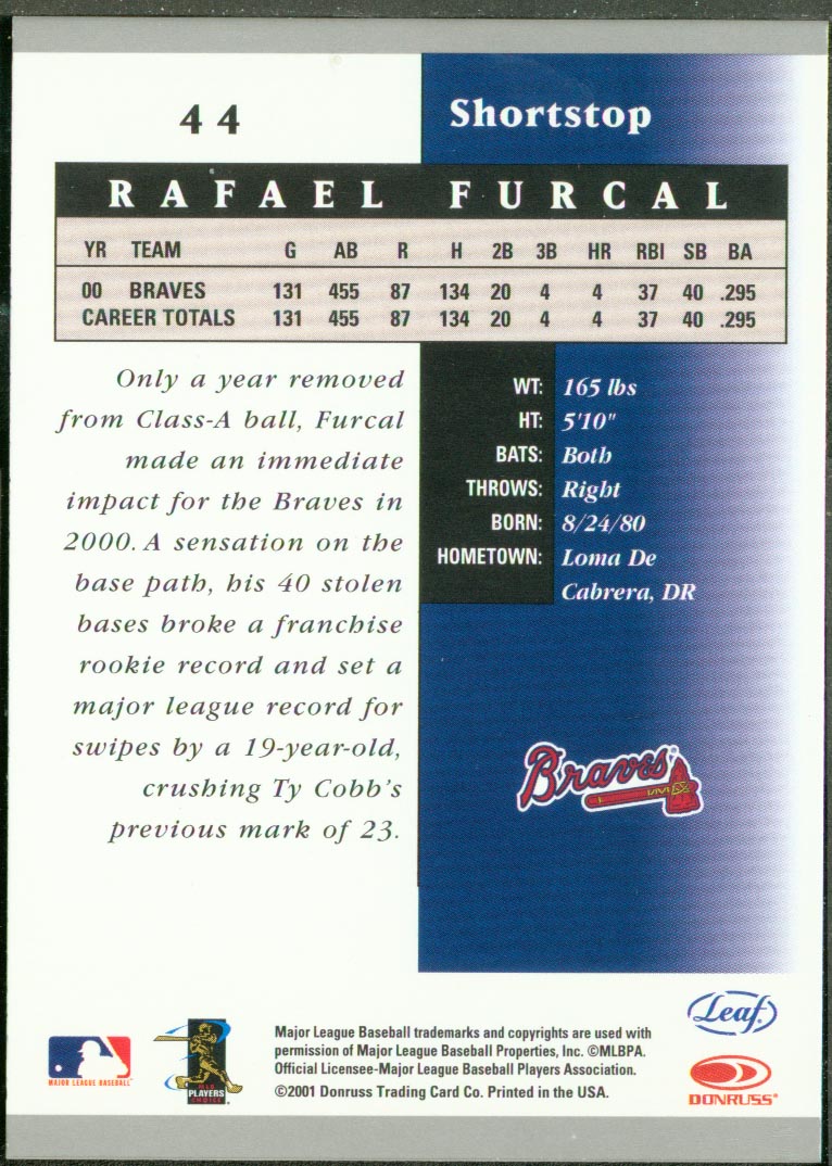 2001 Leaf Certified Materials #44 Rafael Furcal back image