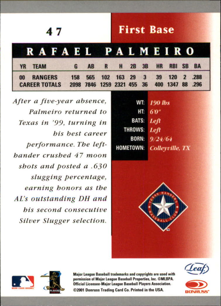 2001 Leaf Certified Materials #47 Rafael Palmeiro back image