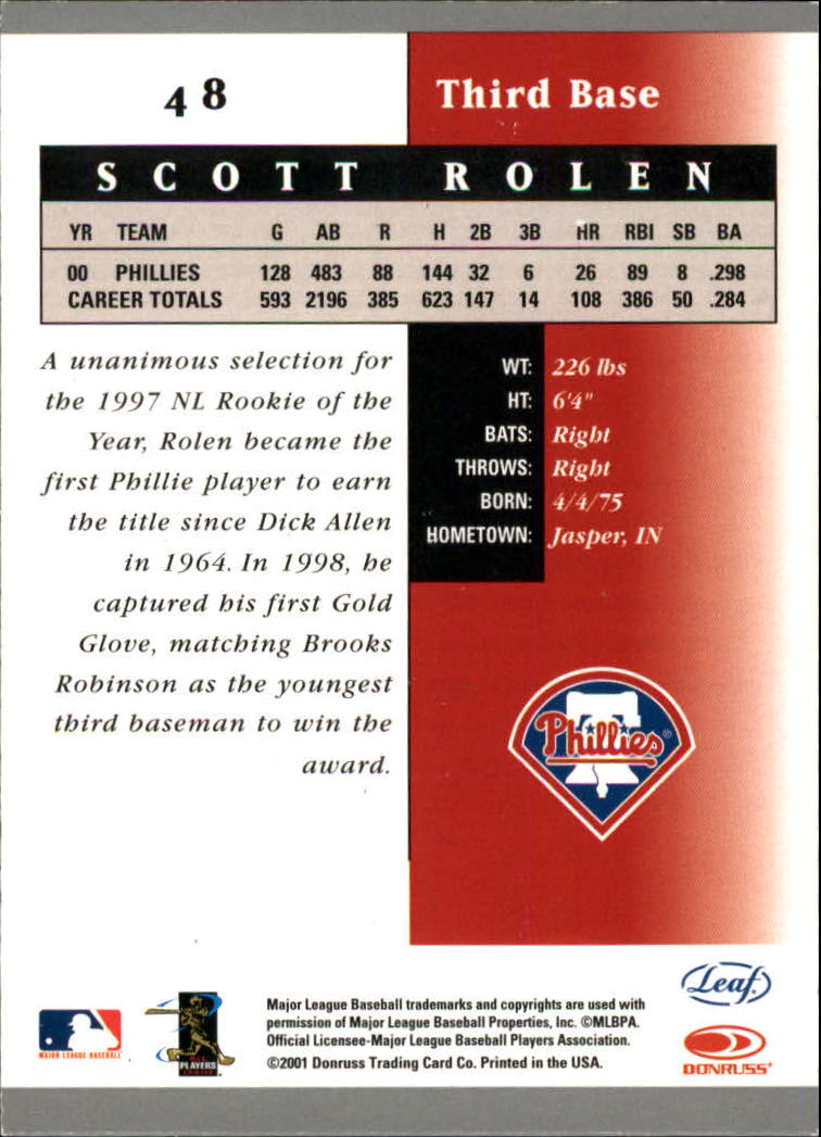 2001 Leaf Certified Materials #48 Scott Rolen back image
