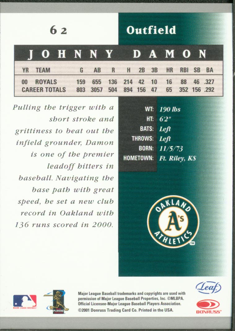 2001 Leaf Certified Materials #62 Johnny Damon back image
