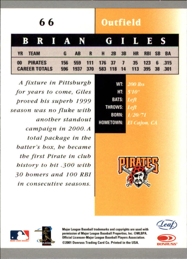 2001 Leaf Certified Materials #66 Brian Giles back image