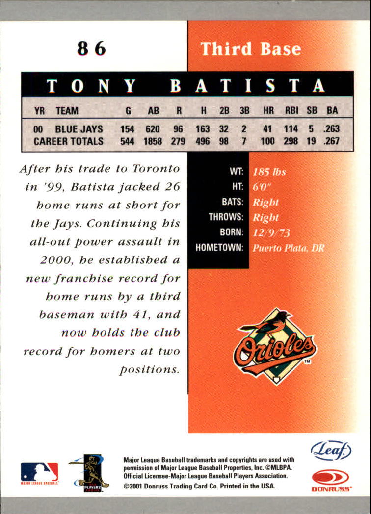 2001 Leaf Certified Materials #86 Tony Batista back image