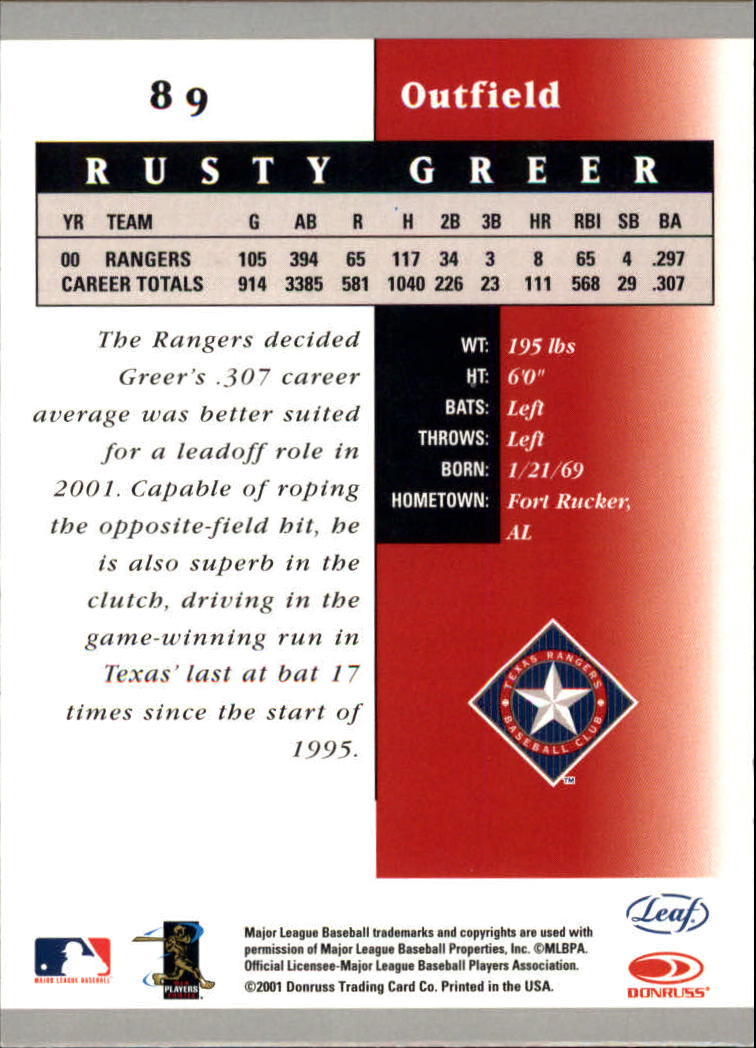 2001 Leaf Certified Materials #89 Rusty Greer back image