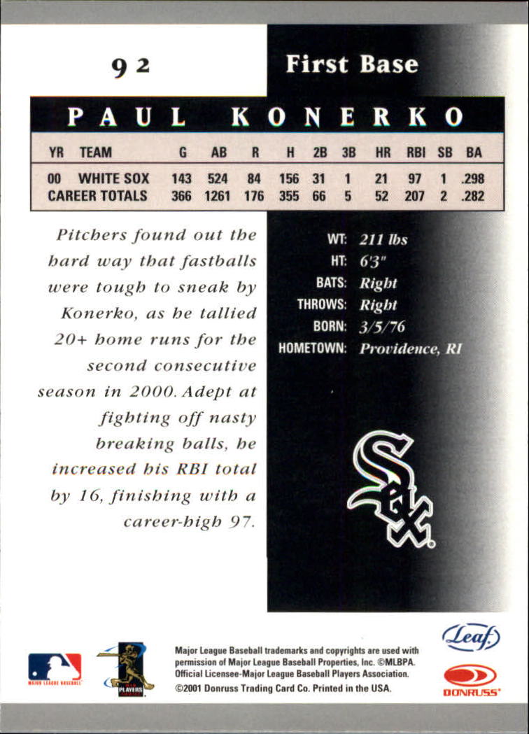 2001 Leaf Certified Materials #92 Paul Konerko back image