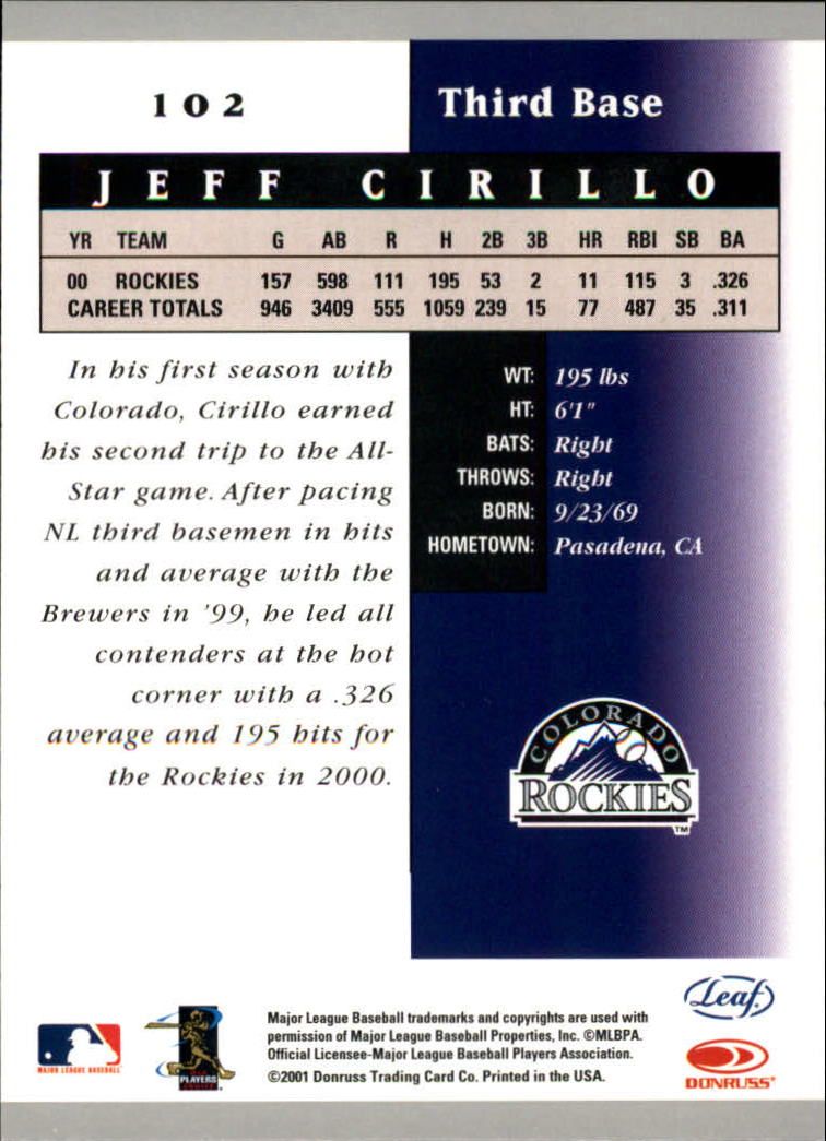 2001 Leaf Certified Materials #102 Jeff Cirillo back image