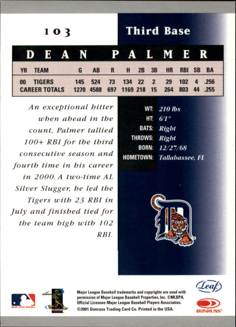 2001 Leaf Certified Materials #103 Dean Palmer back image