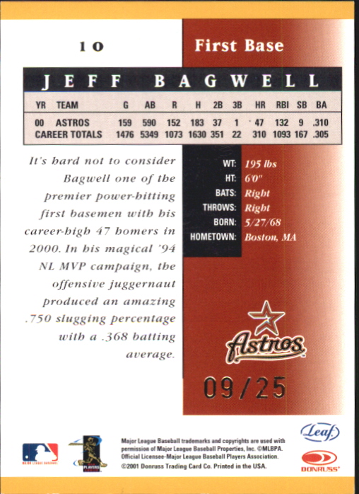 2001 Leaf Certified Materials Mirror Gold #10 Jeff Bagwell back image