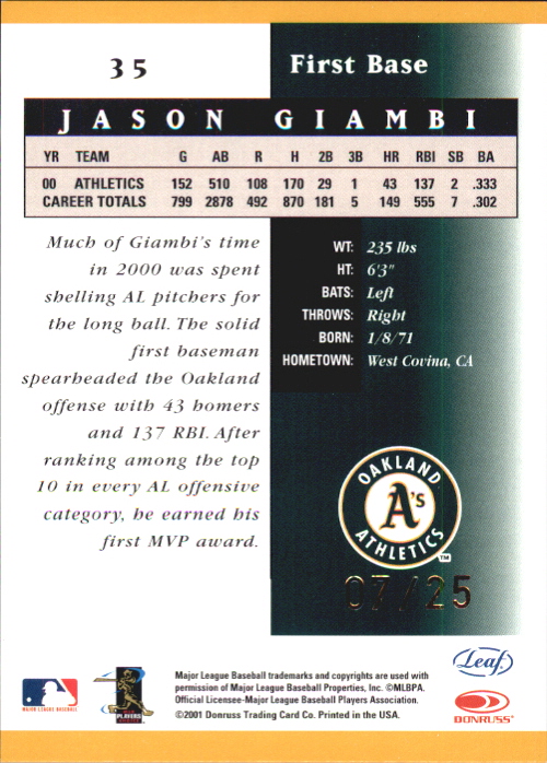 2001 Leaf Certified Materials Mirror Gold #35 Jason Giambi back image