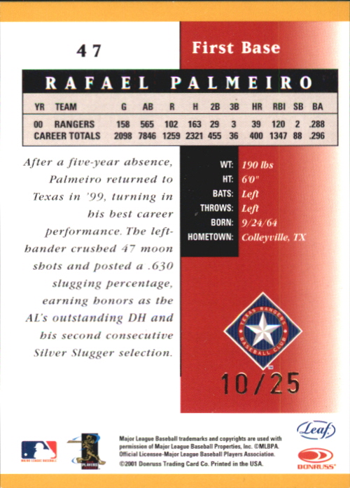 2001 Leaf Certified Materials Mirror Gold #47 Rafael Palmeiro back image