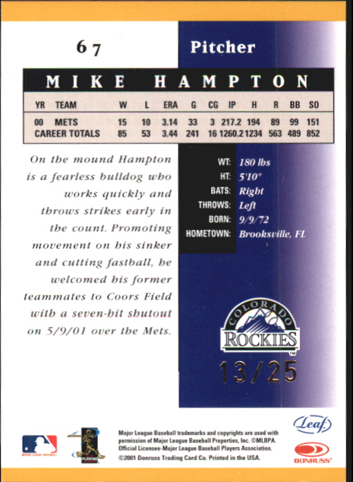 2001 Leaf Certified Materials Mirror Gold #67 Mike Hampton back image