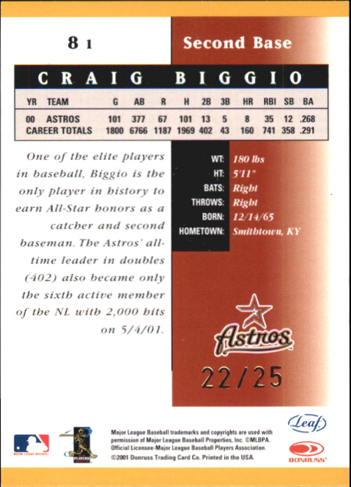 2001 Leaf Certified Materials Mirror Gold #81 Craig Biggio back image