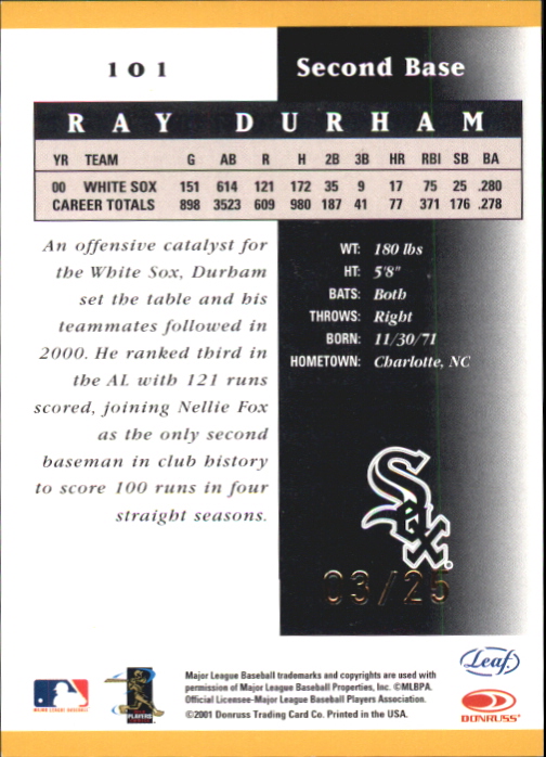 2001 Leaf Certified Materials Mirror Gold #101 Ray Durham