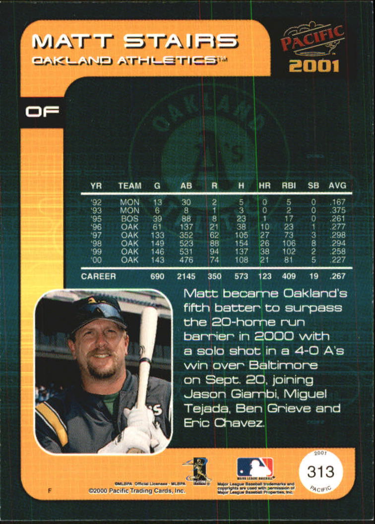 2001 Pacific Premiere Date #313 Matt Stairs back image