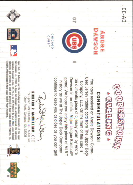 2001 SP Authentic Cooperstown Calling Game Jersey #CCAD Andre Dawson back image