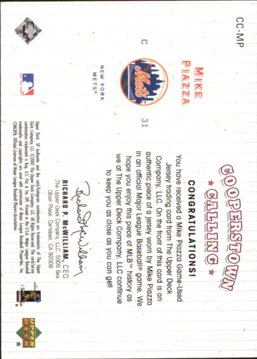 2001 SP Authentic Cooperstown Calling Game Jersey #CCMP Mike Piazza SP back image