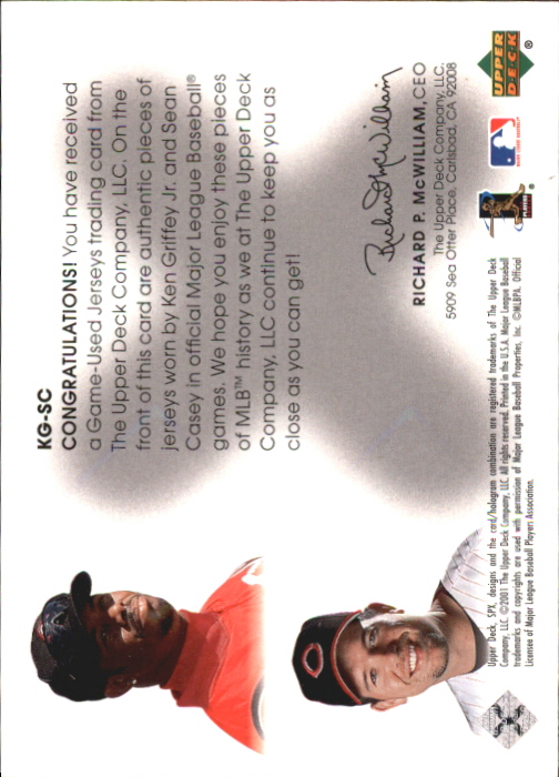 2001 SPx Winning Materials Update Duos #KGSC Ken Griffey Jr./Sean Casey back image