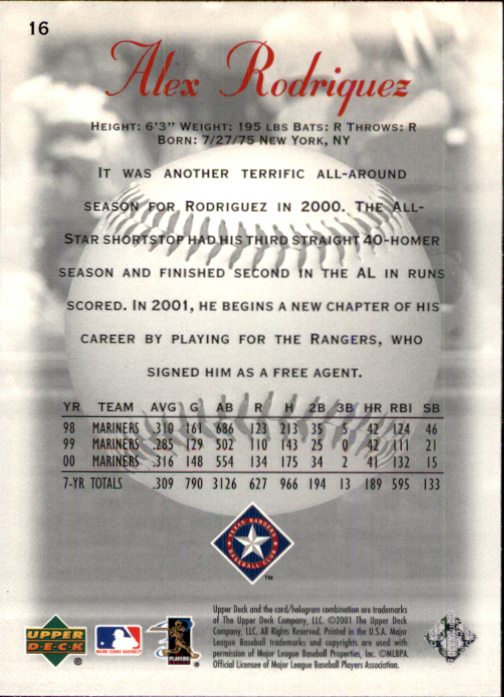 2001 Sweet Spot #16 Alex Rodriguez Rangers back image